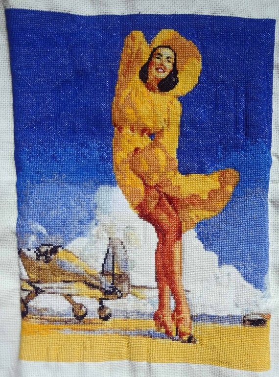 Pin-Up with Plane finished cross stitch